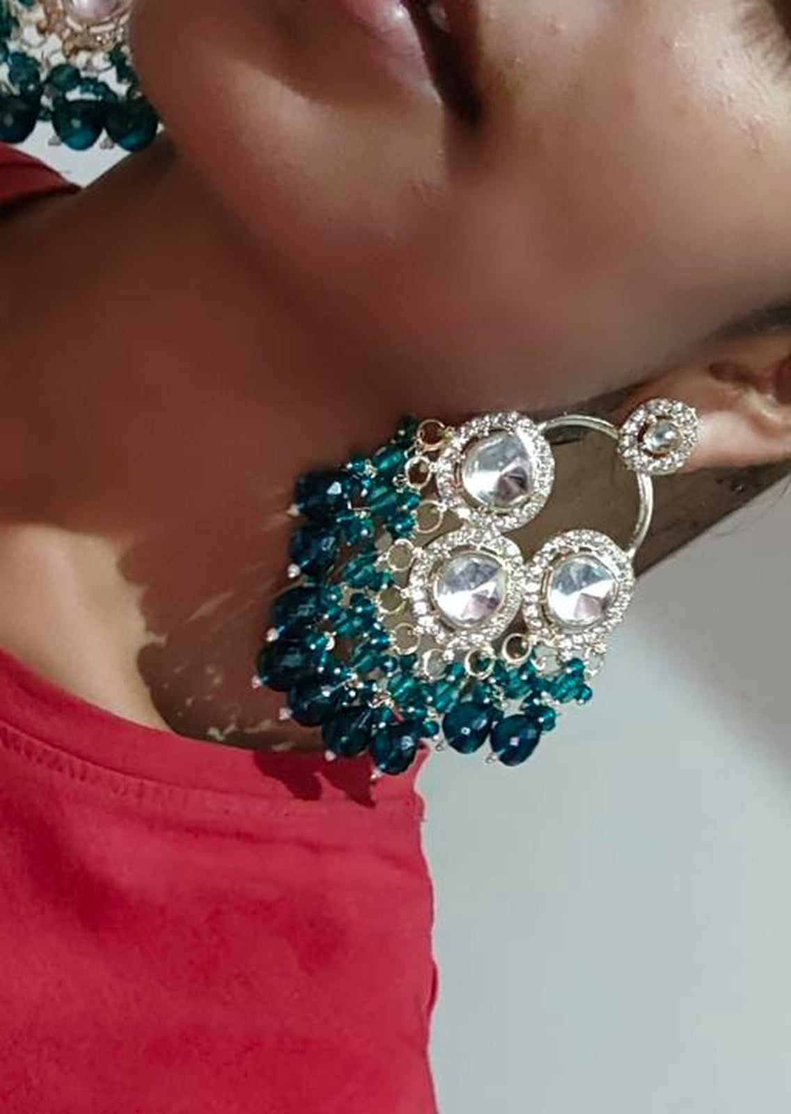 Jewel City Luxurious Polki Diamond and Rama Green Chandelier Earrings