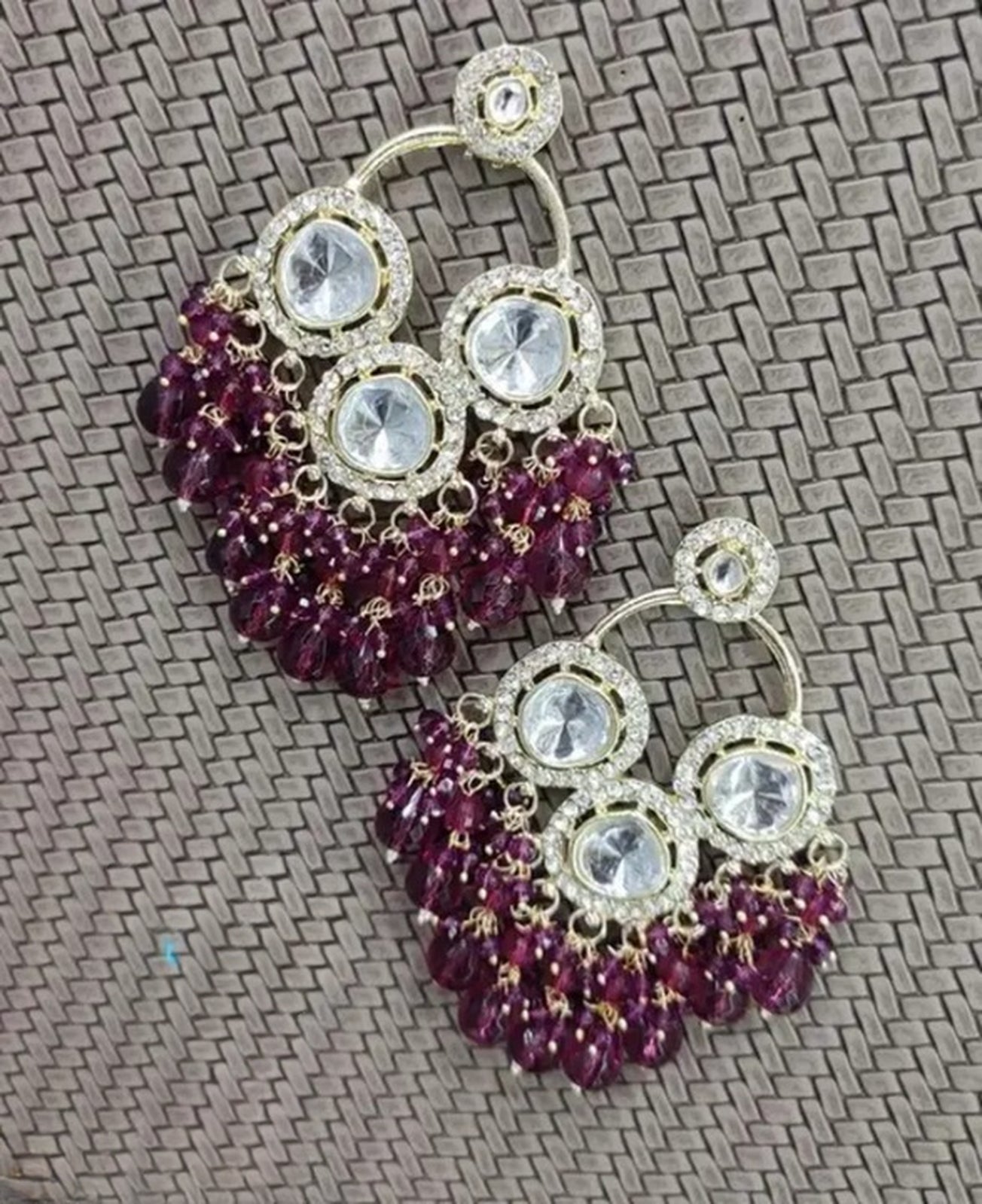 Jewel City Luxurious Polki Diamond and Wine Chandelier Earrings