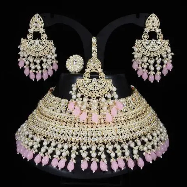 Jewel City Opulent Bridal Kundan Choker Set with Pink Beads and Matching Earrings & Maang Tikka - Distacart