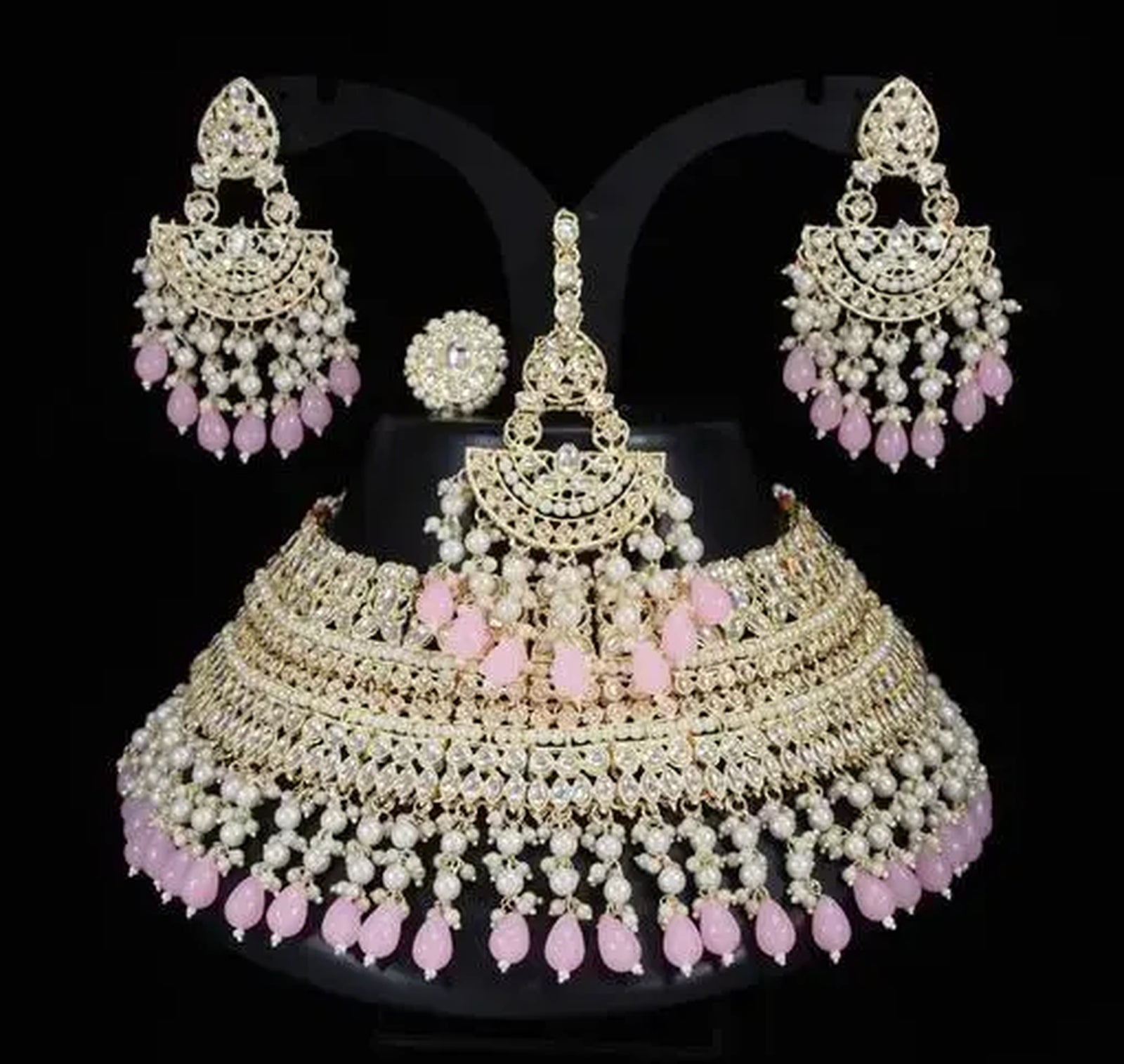 Jewel City Opulent Bridal Kundan Choker Set with Pink Beads and Matching Earrings & Maang Tikka - Distacart