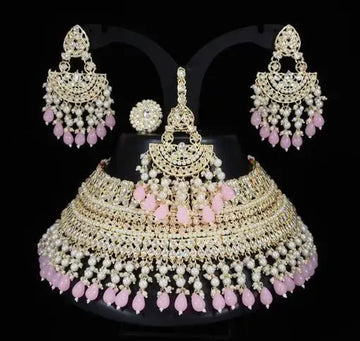 Jewel City Opulent Bridal Kundan Choker Set with Pink Beads and Matching Earrings & Maang Tikka - Distacart