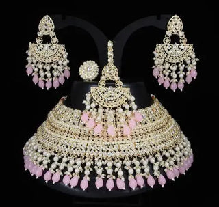 Jewel City Opulent Bridal Kundan Choker Set with Pink Beads and Matching Earrings & Maang Tikka