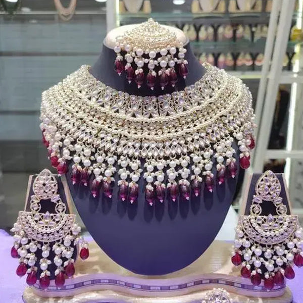 Jewel City Opulent Bridal Kundan Choker Set with Wine Beads and Matching Earrings & Maang Tikka - Distacart