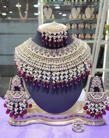 Jewel City Opulent Bridal Kundan Choker Set with Wine Beads and Matching Earrings & Maang Tikka - Distacart