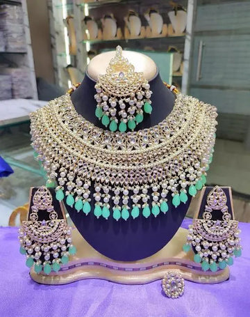 Jewel City Opulent Bridal Kundan Choker Set with Mint Beads and Matching Earrings & Maang Tikka - Distacart