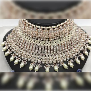 Jewel City Exquisite Crystal and Pearl Bridal Choker Set with Matching Earrings and Tikka