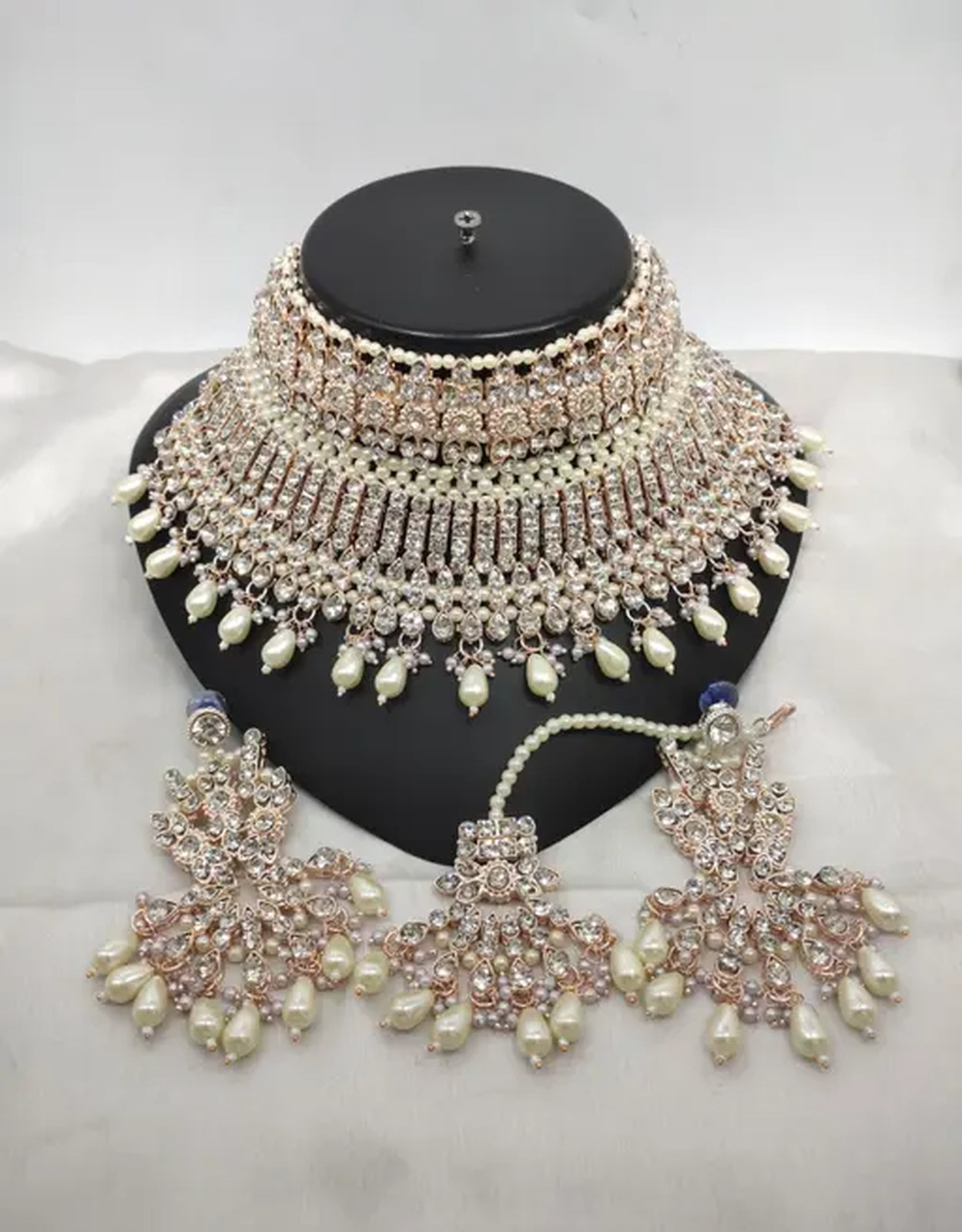 Jewel City Exquisite Crystal and Pearl Bridal Choker Set with Matching Earrings and Tikka