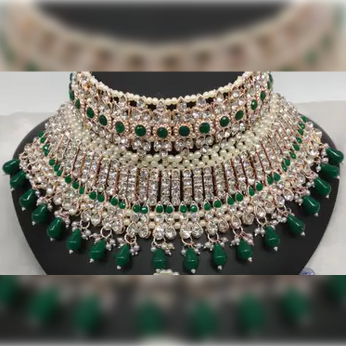 Jewel City Exquisite Crystal and Pearl Bridal Choker Set with Matching Earrings and Tikka