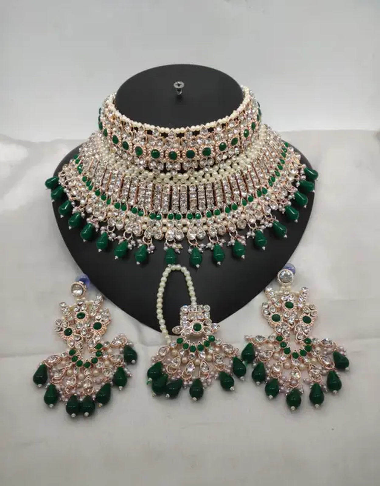 Jewel City Exquisite Crystal and Pearl Bridal Choker Set with Matching Earrings and Tikka