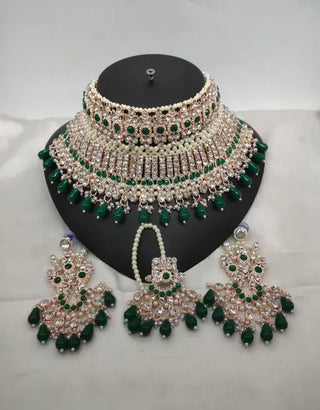 Jewel City Exquisite Crystal and Pearl Bridal Choker Set with Matching Earrings and Tikka