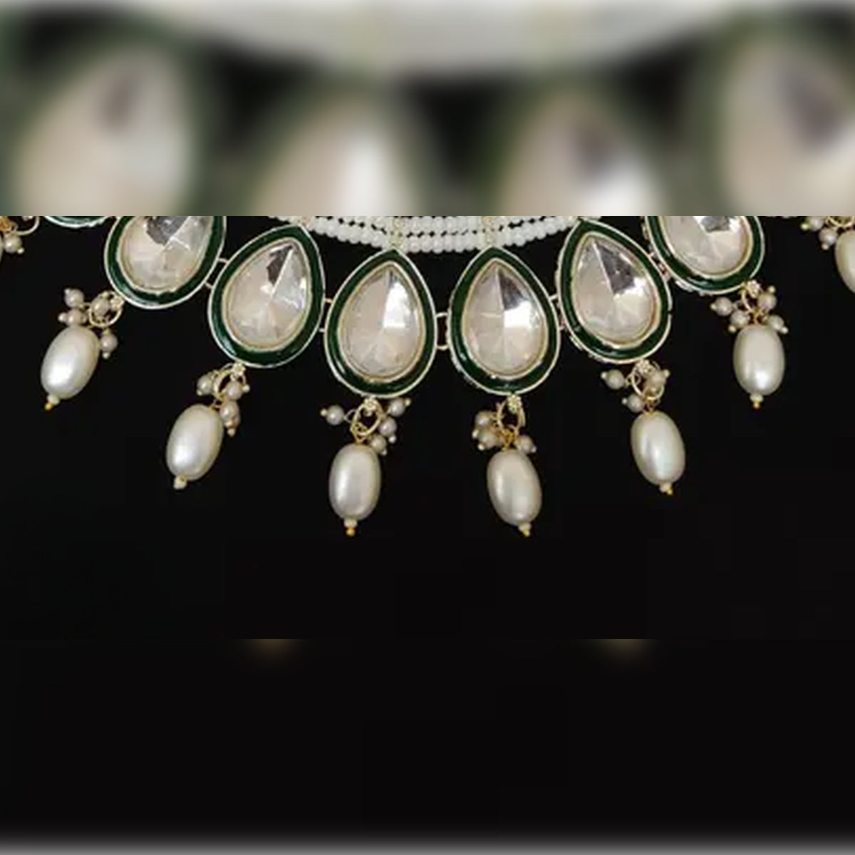 Jewel City Elegant Pearl and Kundan Necklace Set with Green Enamel Accents