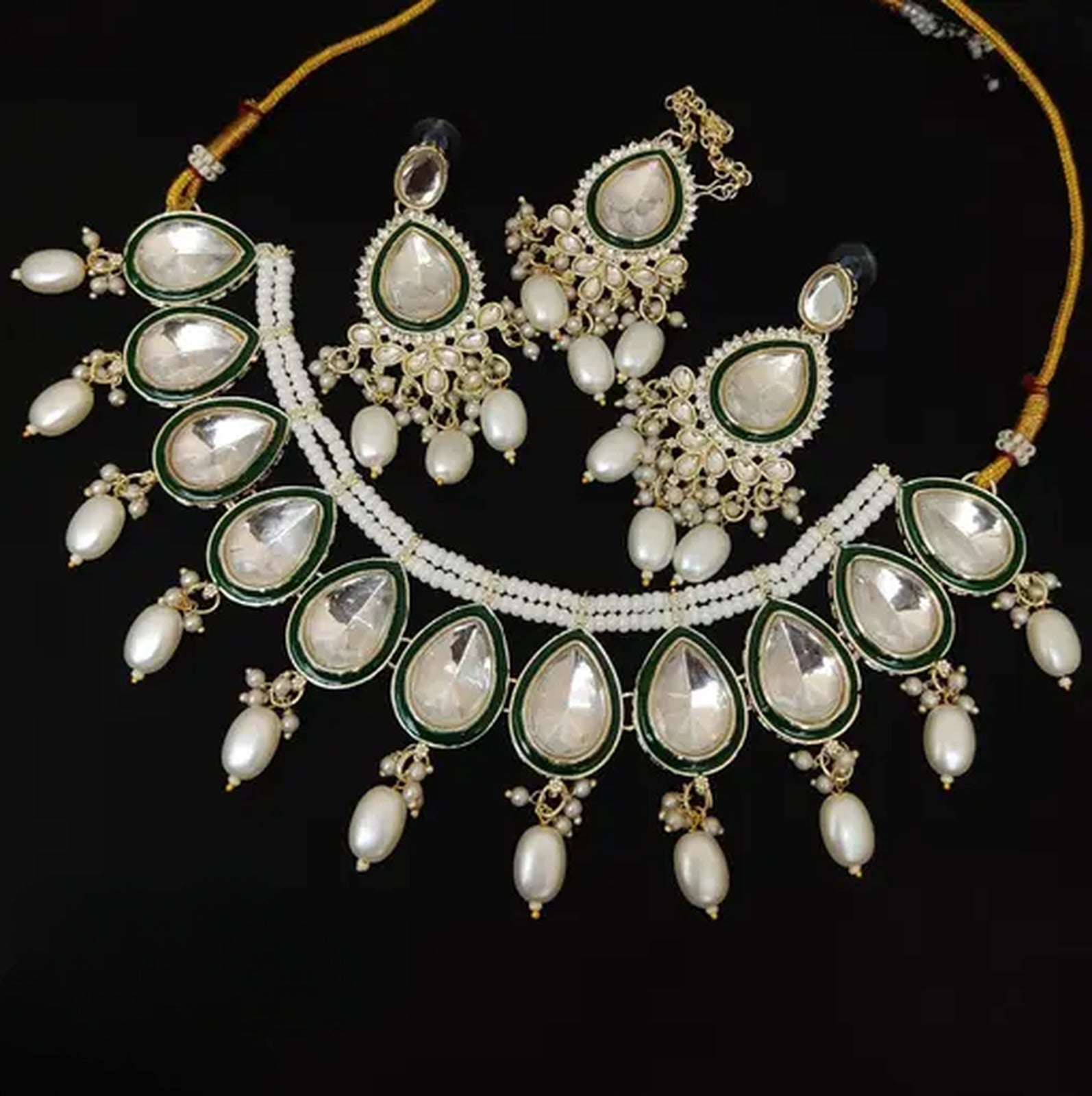 Jewel City Elegant Pearl and Kundan Necklace Set with Green Enamel Accents - Distacart