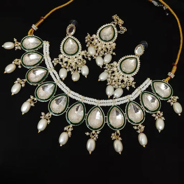 Jewel City Elegant Pearl and Kundan Necklace Set with Green Enamel Accents - Distacart
