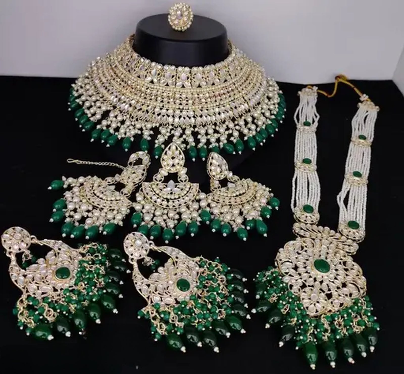 Jewel City Luxurious Pearl Kundan Bridal Jewelry Set - Necklace, Earrings, Tikka, and Long Necklace - Distacart