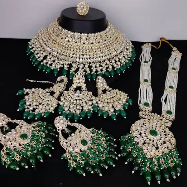 Jewel City Luxurious Pearl Kundan Bridal Jewelry Set - Necklace, Earrings, Tikka, and Long Necklace - Distacart