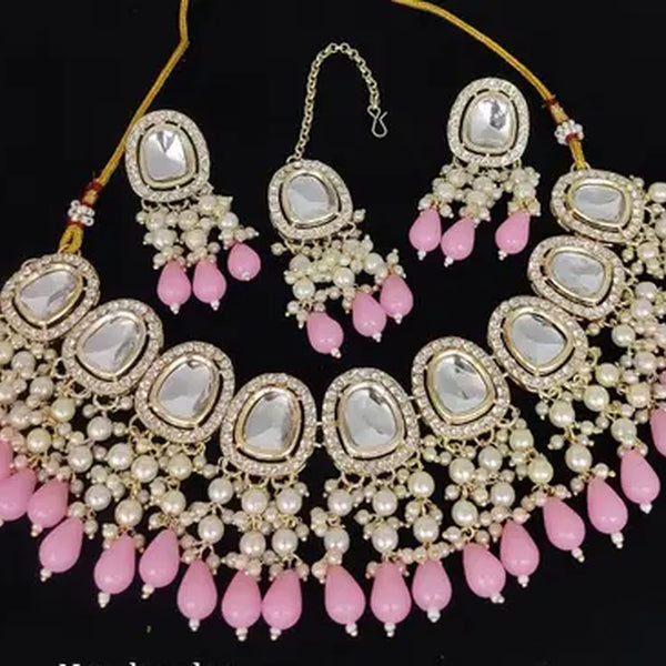 Jewel City Kundan Choker Necklace Set with Pink Beads and Pearls - Traditional Indian Wedding Jewelry - Distacart
