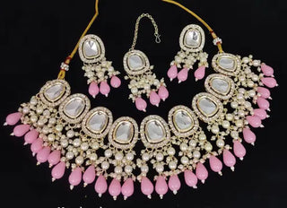 Jewel City Kundan Choker Necklace Set with Pink Beads and Pearls - Traditional Indian Wedding Jewelry