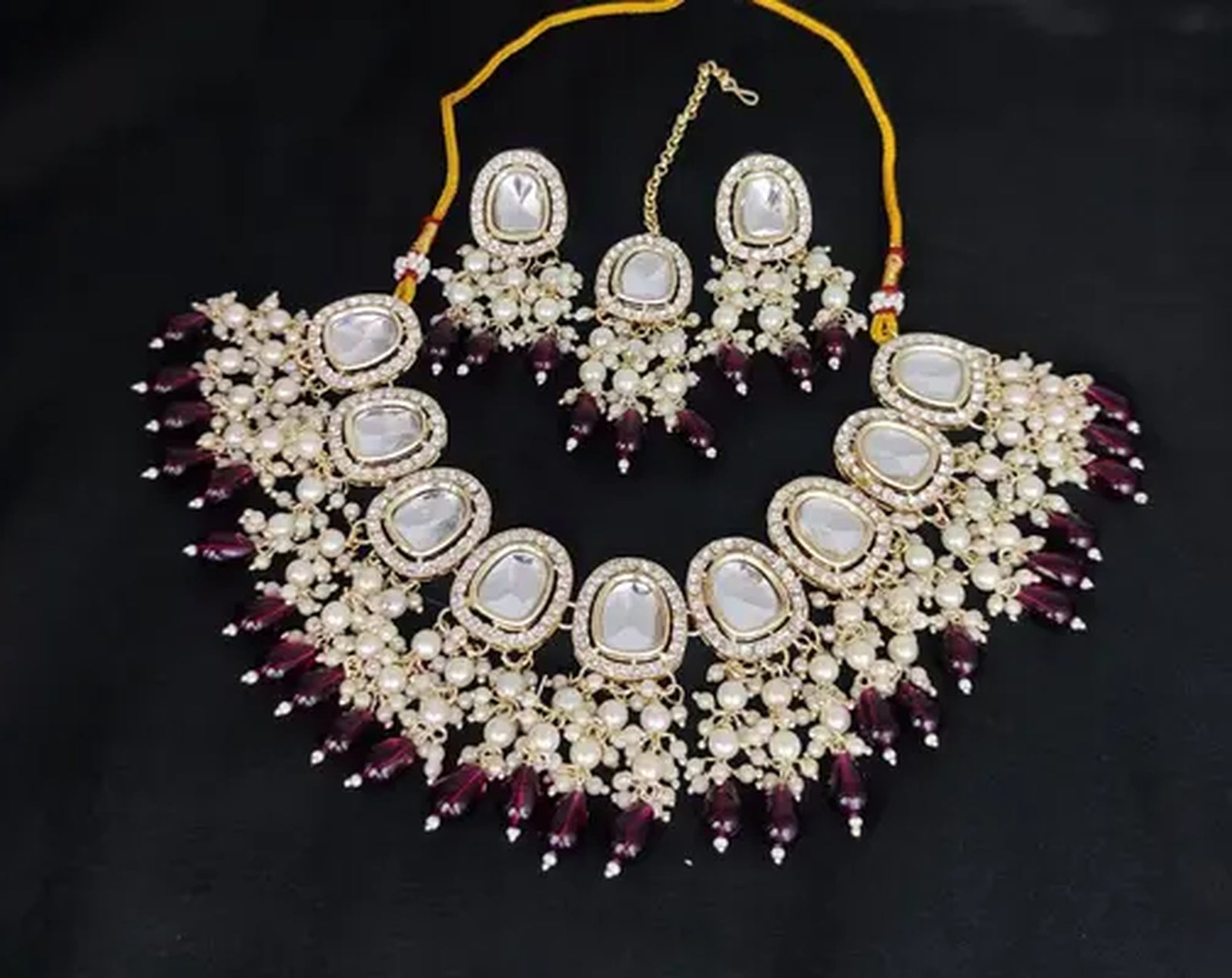 Jewel City Kundan Choker Necklace Set with Maroon Beads and Pearls - Traditional Indian Wedding Jewelry
