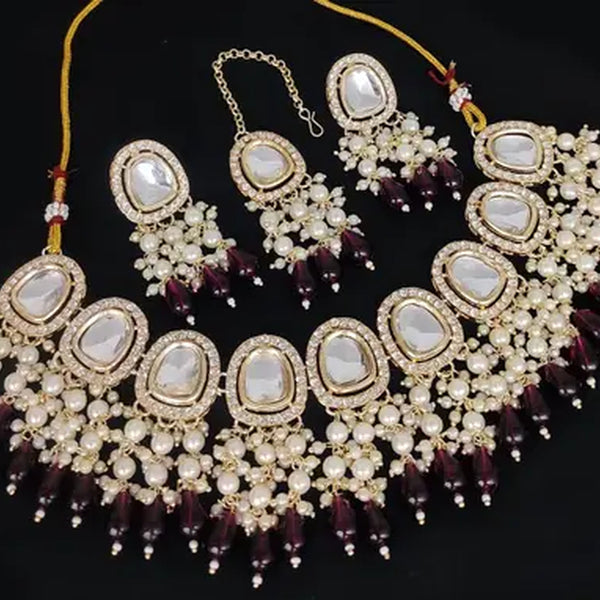 Jewel City Kundan Choker Necklace Set with Maroon Beads and Pearls - Traditional Indian Wedding Jewelry - Distacart