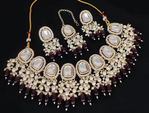 Jewel City Kundan Choker Necklace Set with Maroon Beads and Pearls - Traditional Indian Wedding Jewelry