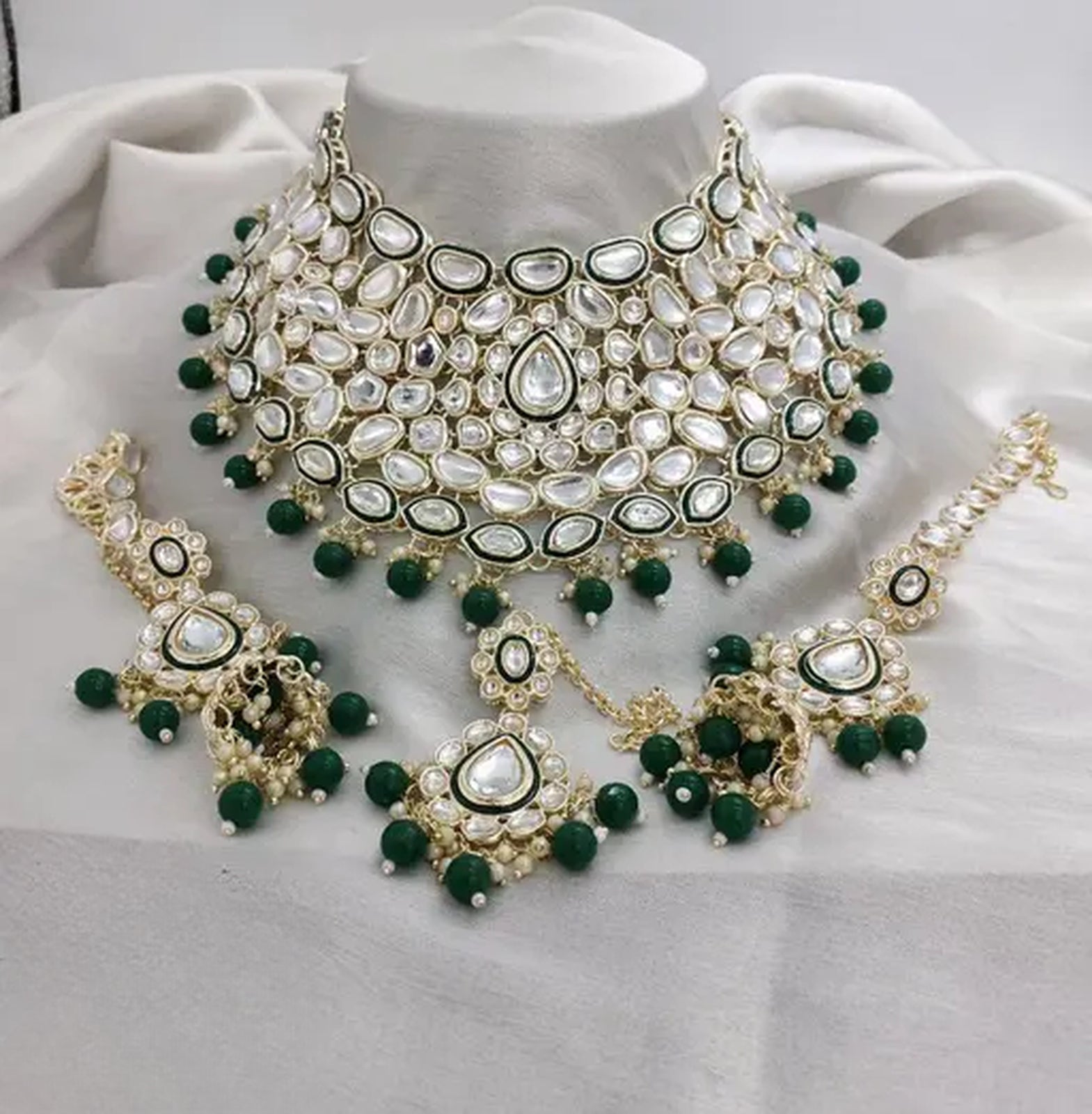 Jewel City Royal Kundan Choker Set with Emerald Green Beads - Traditional Indian Wedding Jewelry Set with Earrings and Tikka
