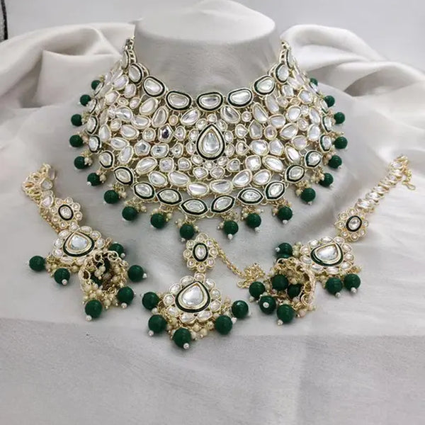 Jewel City Royal Kundan Choker Set with Emerald Green Beads - Traditional Indian Wedding Jewelry Set with Earrings and Tikka - Distacart