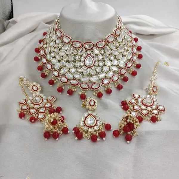 Jewel City Royal Kundan Choker Set with magenta Beads - Traditional Indian Wedding Jewelry Set with Earrings and Tikka - Distacart