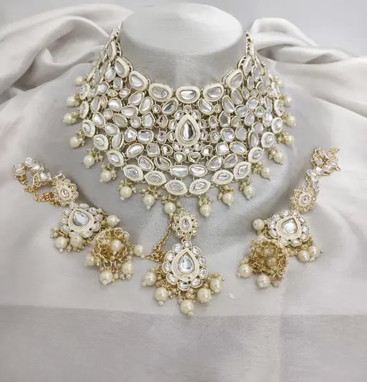 Jewel City Royal Kundan Choker Set with White Beads - Traditional Indian Wedding Jewelry Set with Earrings and Tikka