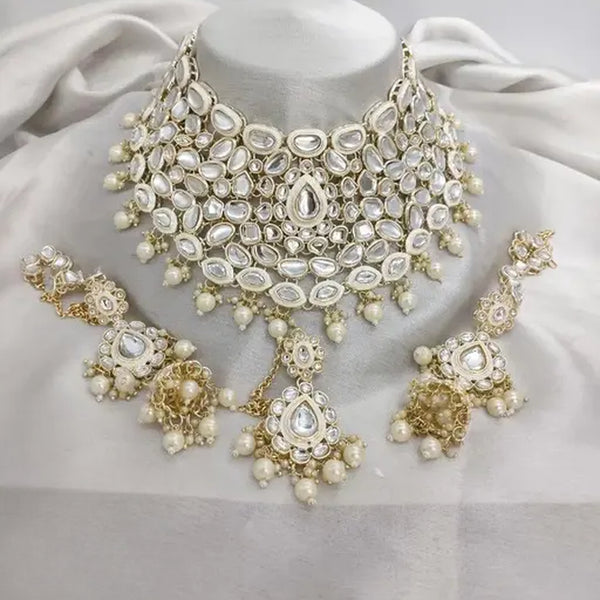 Jewel City Royal Kundan Choker Set with White Beads - Traditional Indian Wedding Jewelry Set with Earrings and Tikka - Distacart