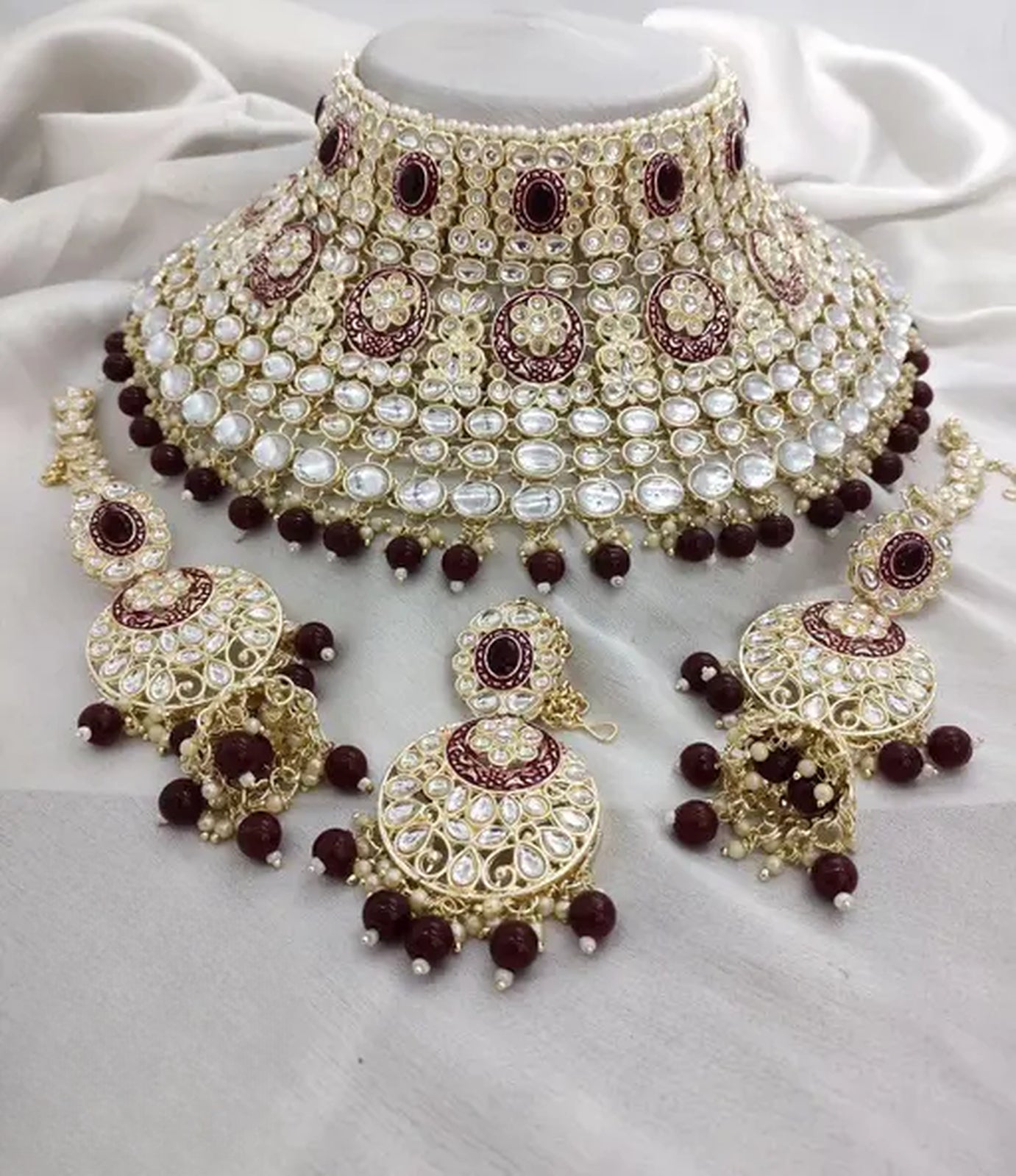 Jewel City Royal Kundan Choker Set with Maroon Beads - Traditional Indian Wedding Jewelry Set with Earrings and Tikka
