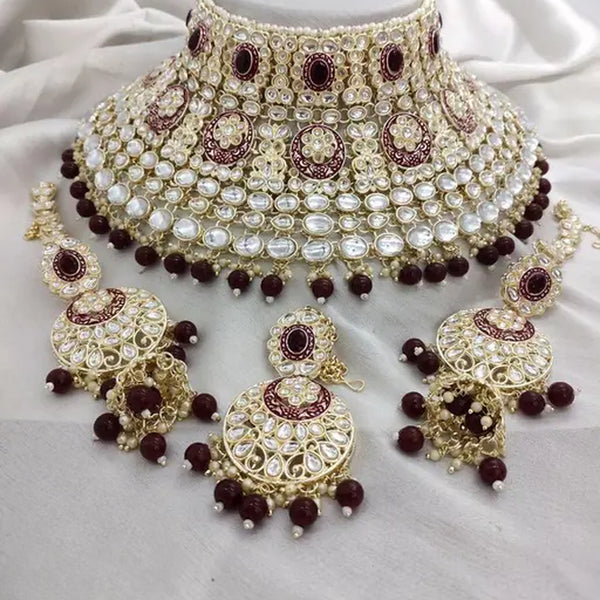 Jewel City Royal Kundan Choker Set with Maroon Beads - Traditional Indian Wedding Jewelry Set with Earrings and Tikka - Distacart