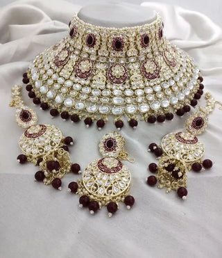 Jewel City Royal Kundan Choker Set with Maroon Beads - Traditional Indian Wedding Jewelry Set with Earrings and Tikka