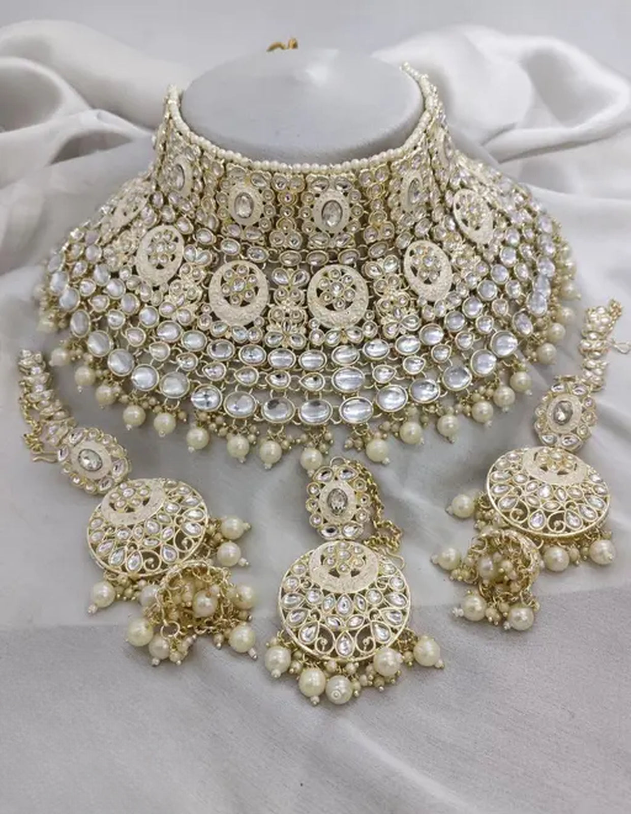 Jewel City Royal Kundan Choker Set with White Beads - Traditional Indian Wedding Jewelry Set with Earrings and Tikka