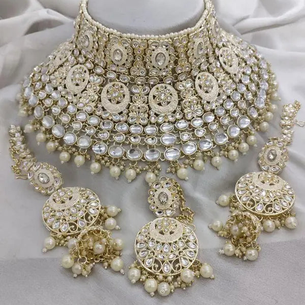 Jewel City Royal Kundan Choker Set with White Beads - Traditional Indian Wedding Jewelry Set with Earrings and Tikka - Distacart