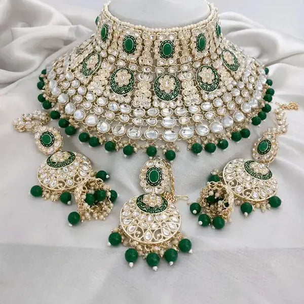 Jewel City Royal Kundan Choker Set with Green Beads - Traditional Indian Wedding Jewelry Set with Earrings and Tikka - Distacart