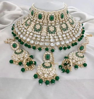 Jewel City Royal Kundan Choker Set with Green Beads - Traditional Indian Wedding Jewelry Set with Earrings and Tikka