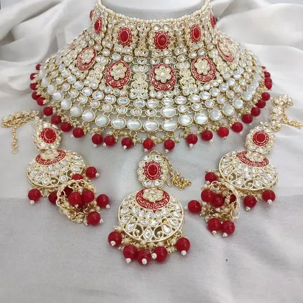 Jewel City Royal Kundan Choker Set with Magenta Beads - Traditional Indian Wedding Jewelry Set with Earrings and Tikka - Distacart