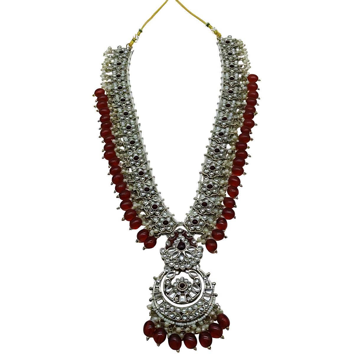 Jewel City Long Necklace Set with Maroon Beads - Traditional Indian Wedding Jewelry with Earrings & Tikka