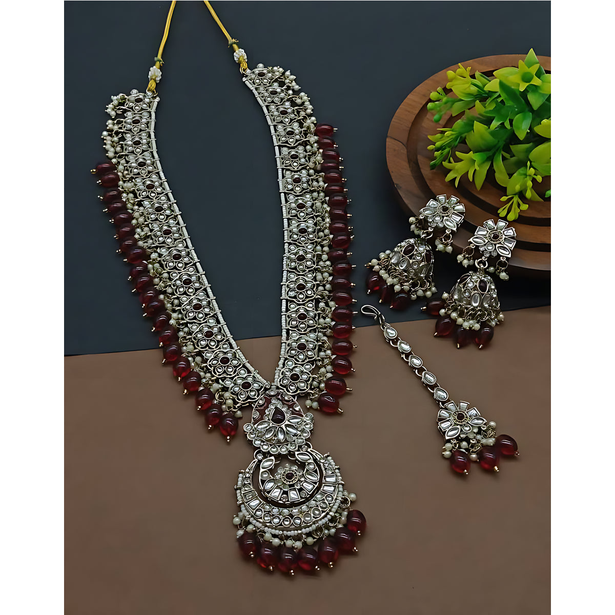 Jewel City Long Necklace Set with Maroon Beads - Traditional Indian Wedding Jewelry with Earrings & Tikka