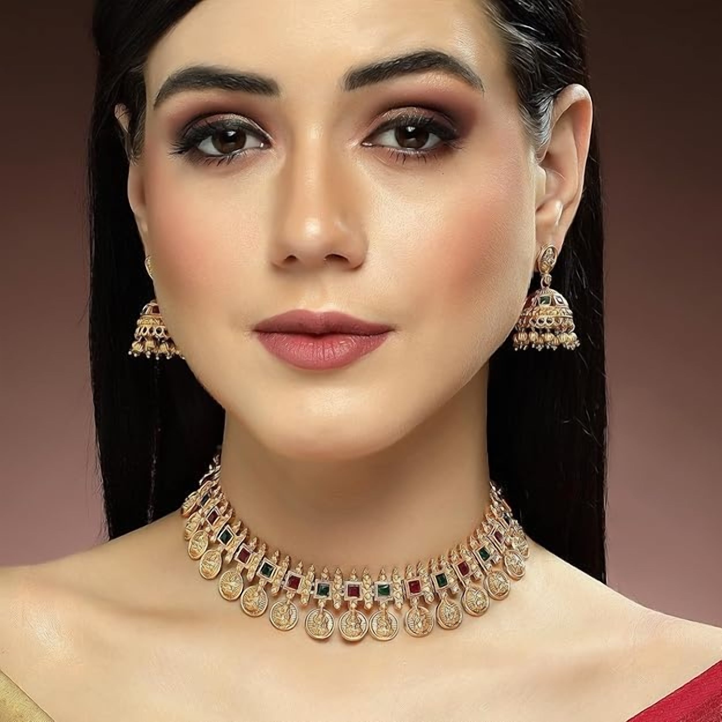 Jewel City Traditional Temple Coin Necklace Set with Matching Jhumkas for Women