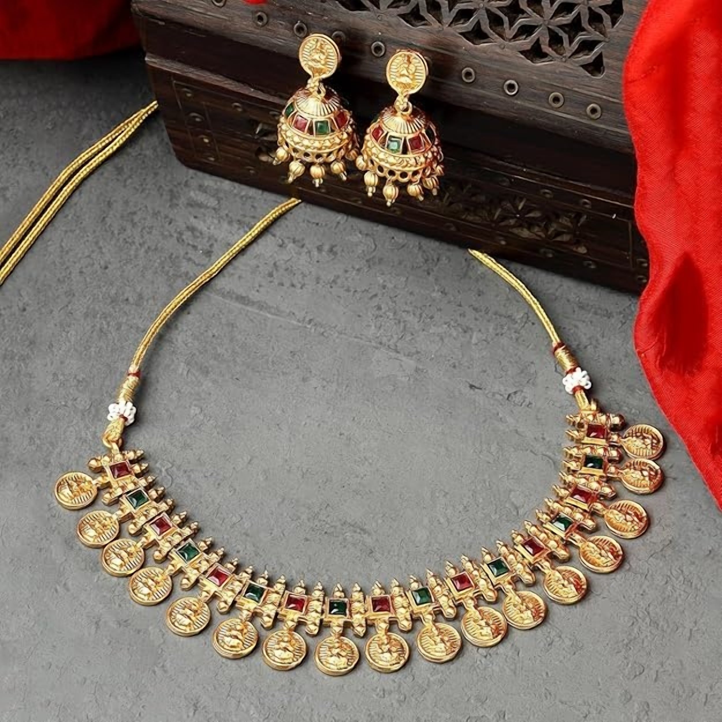 Jewel City Traditional Temple Coin Necklace Set with Matching Jhumkas for Women