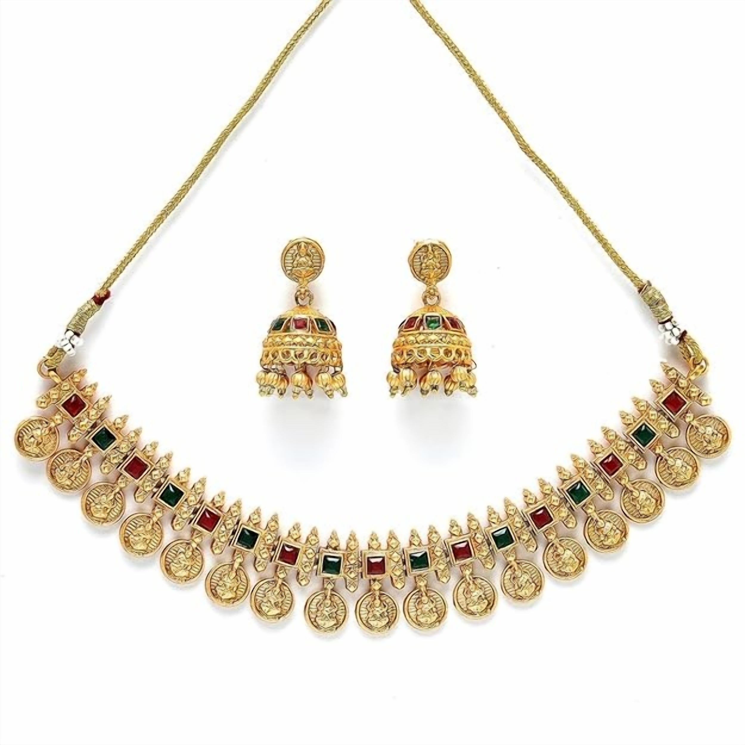 Jewel City Traditional Temple Coin Necklace Set with Matching Jhumkas for Women