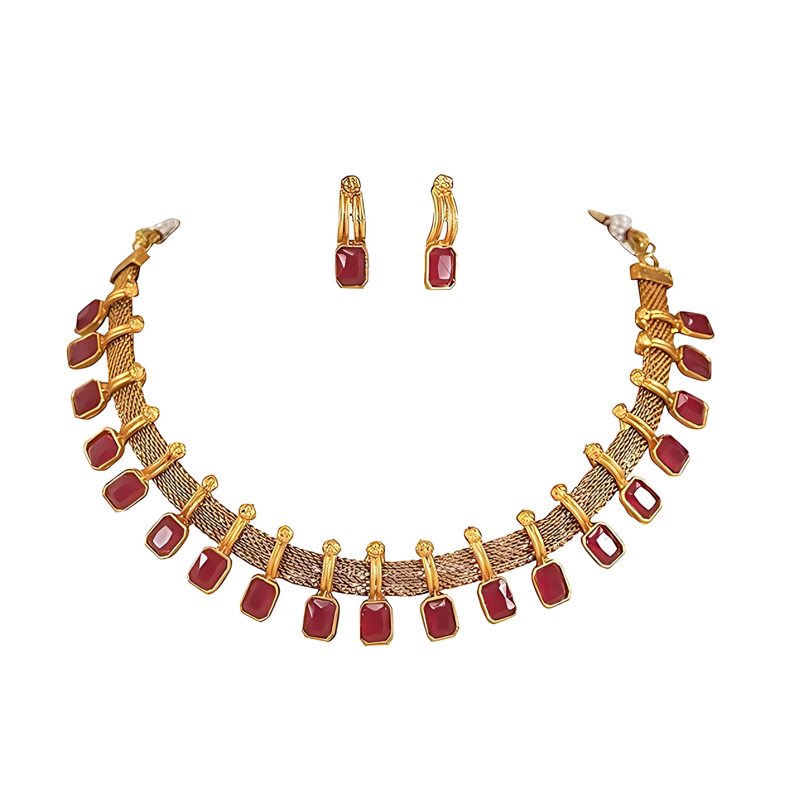 Jewel City Elegant Maroon and Gold Mesh Necklace Set with Matching Earrings