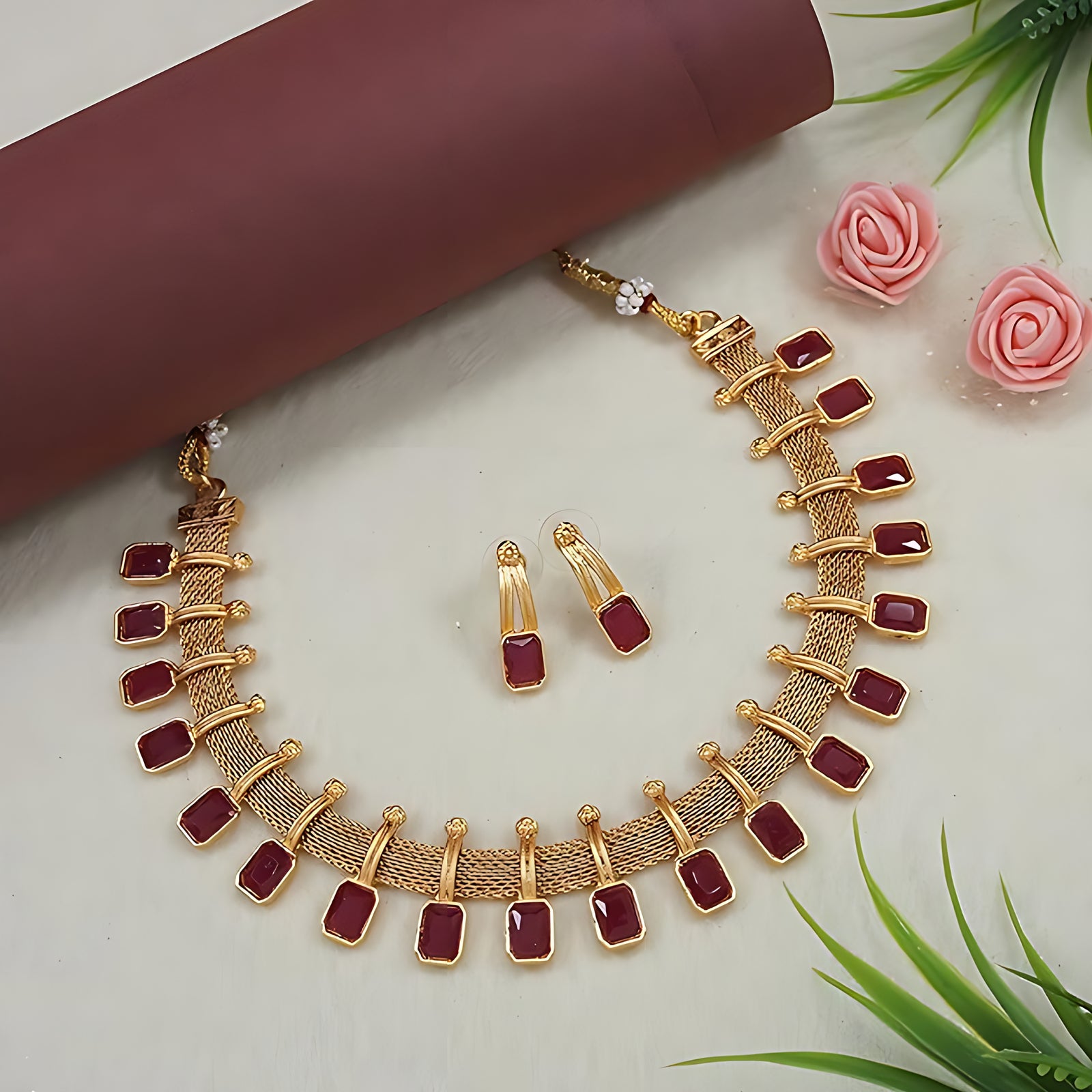 Jewel City Elegant Maroon and Gold Mesh Necklace Set with Matching Earrings - Distacart