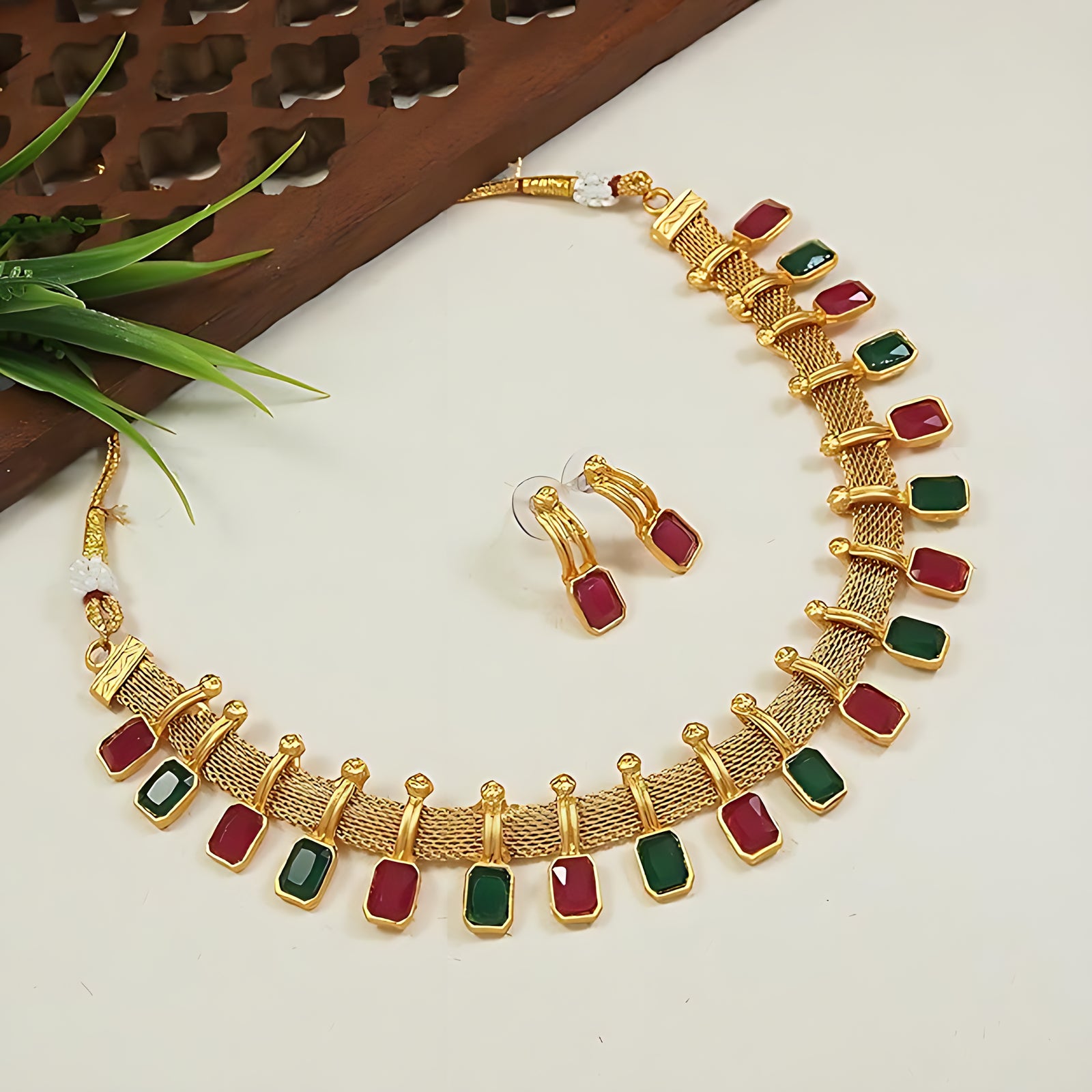 Jewel City Elegant Multi and Gold Mesh Necklace Set with Matching Earrings - Distacart