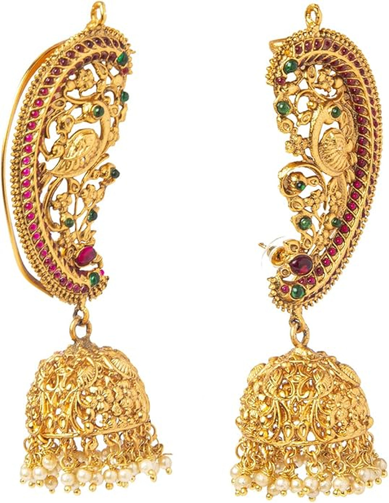Jewel City Exquisite Gold-Plated Peacock Jhumka Earrings with Ruby and Emerald Accents
