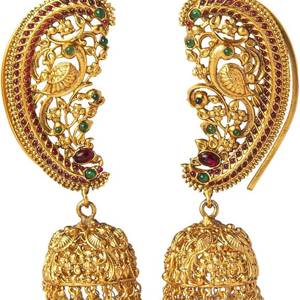 Jewel City Exquisite Gold-Plated Peacock Jhumka Earrings with Ruby and Emerald Accents - Distacart