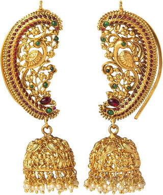 Jewel City Exquisite Gold-Plated Peacock Jhumka Earrings with Ruby and Emerald Accents