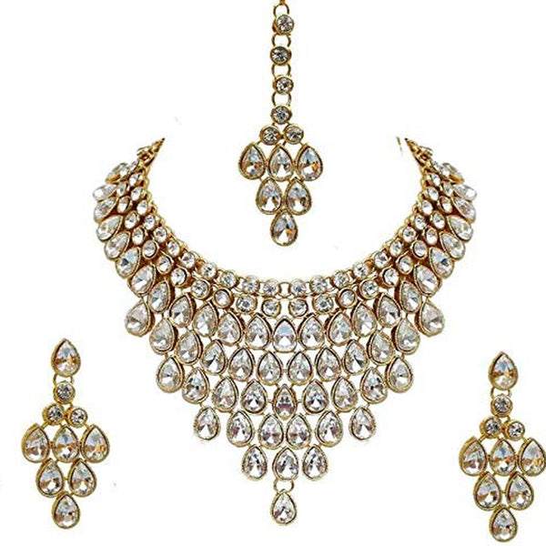 Jewel City Luxurious Gold-Plated Kundan Choker Necklace Set with Maang Tikka and Earrings - Distacart
