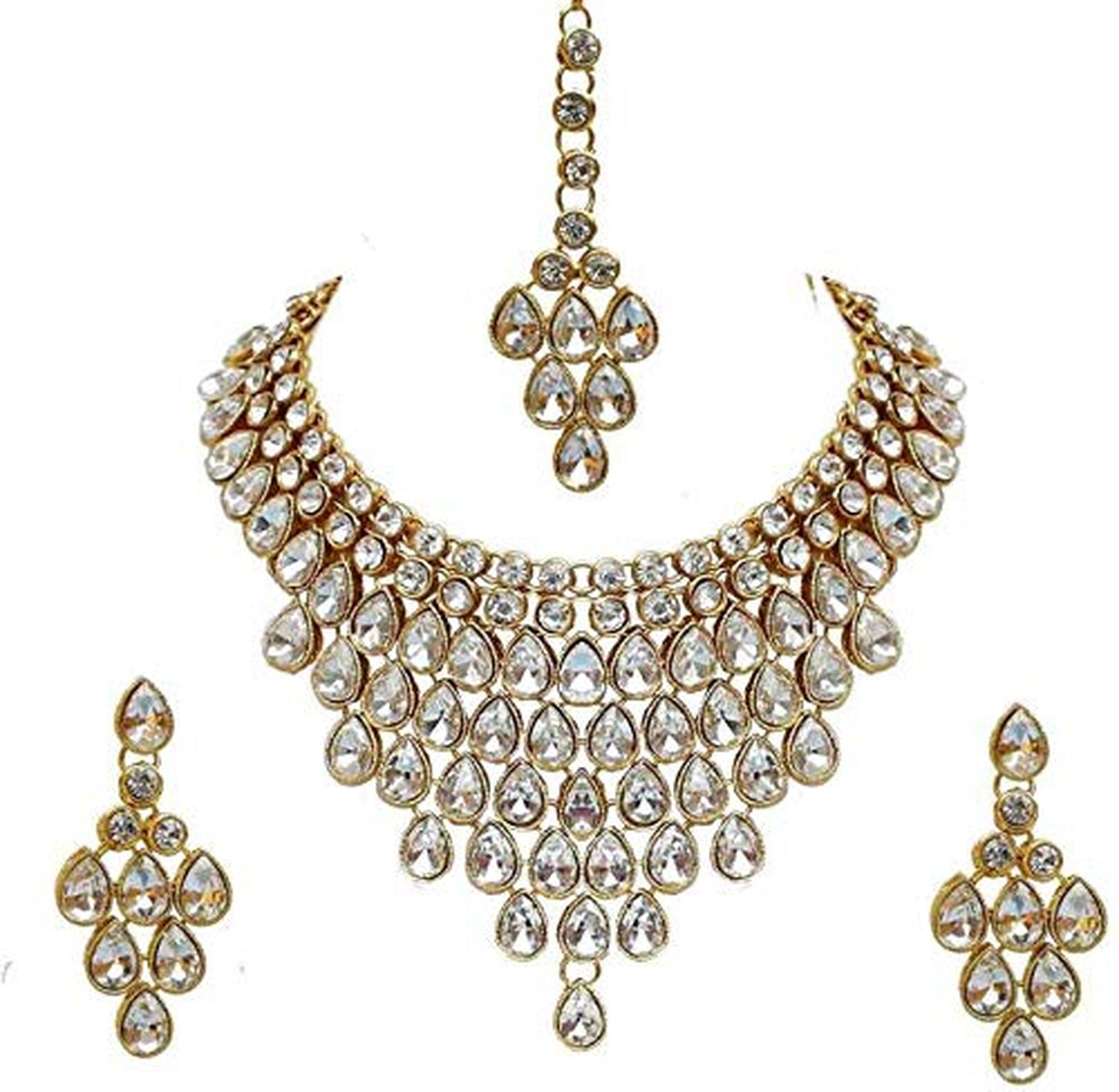 Jewel City Luxurious Gold-Plated Kundan Choker Necklace Set with Maang Tikka and Earrings - Distacart